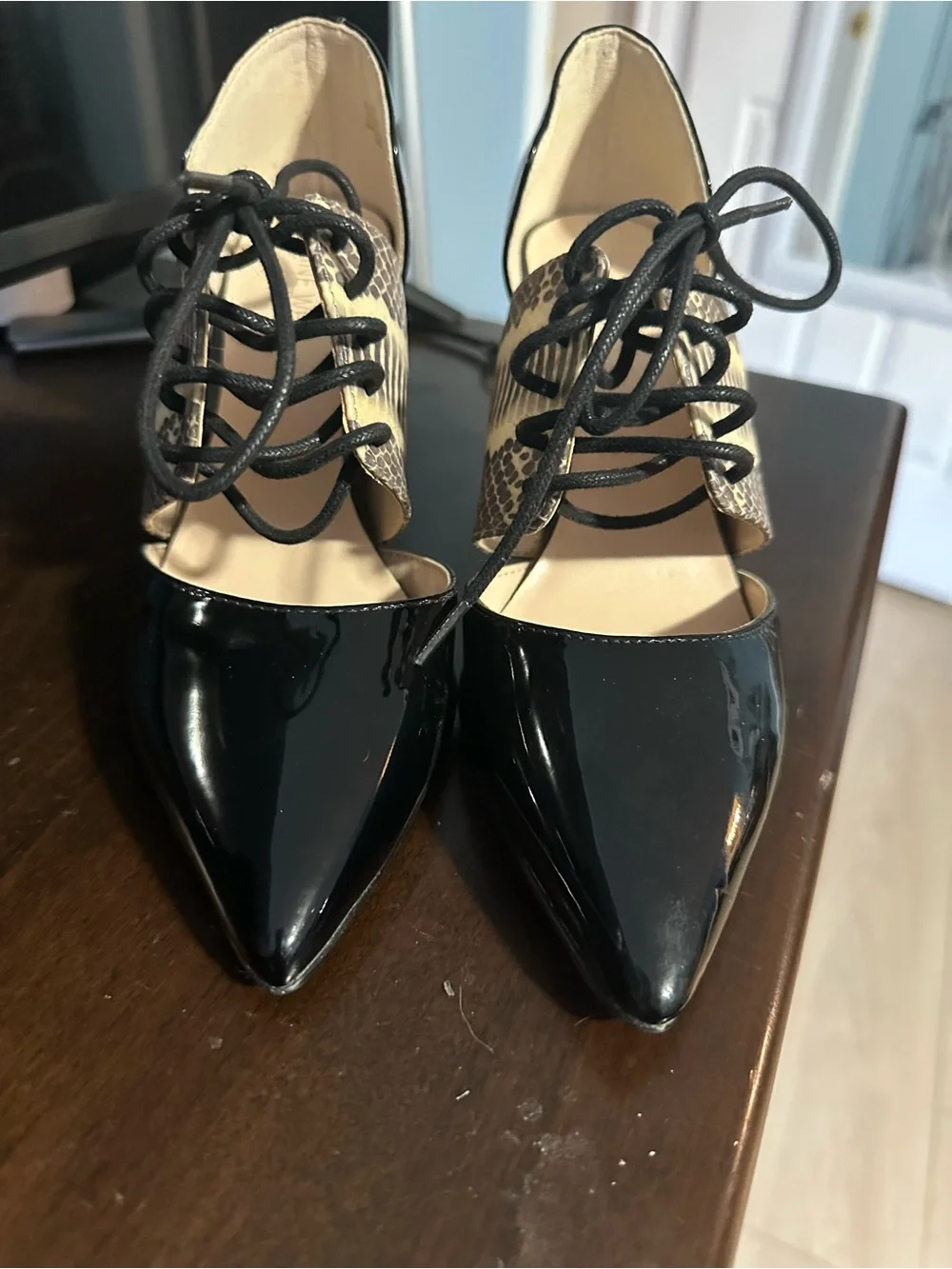 Nine West Black Patent Pointed-Toe Lace-Up Pumps with Snake-Print Panel Accent